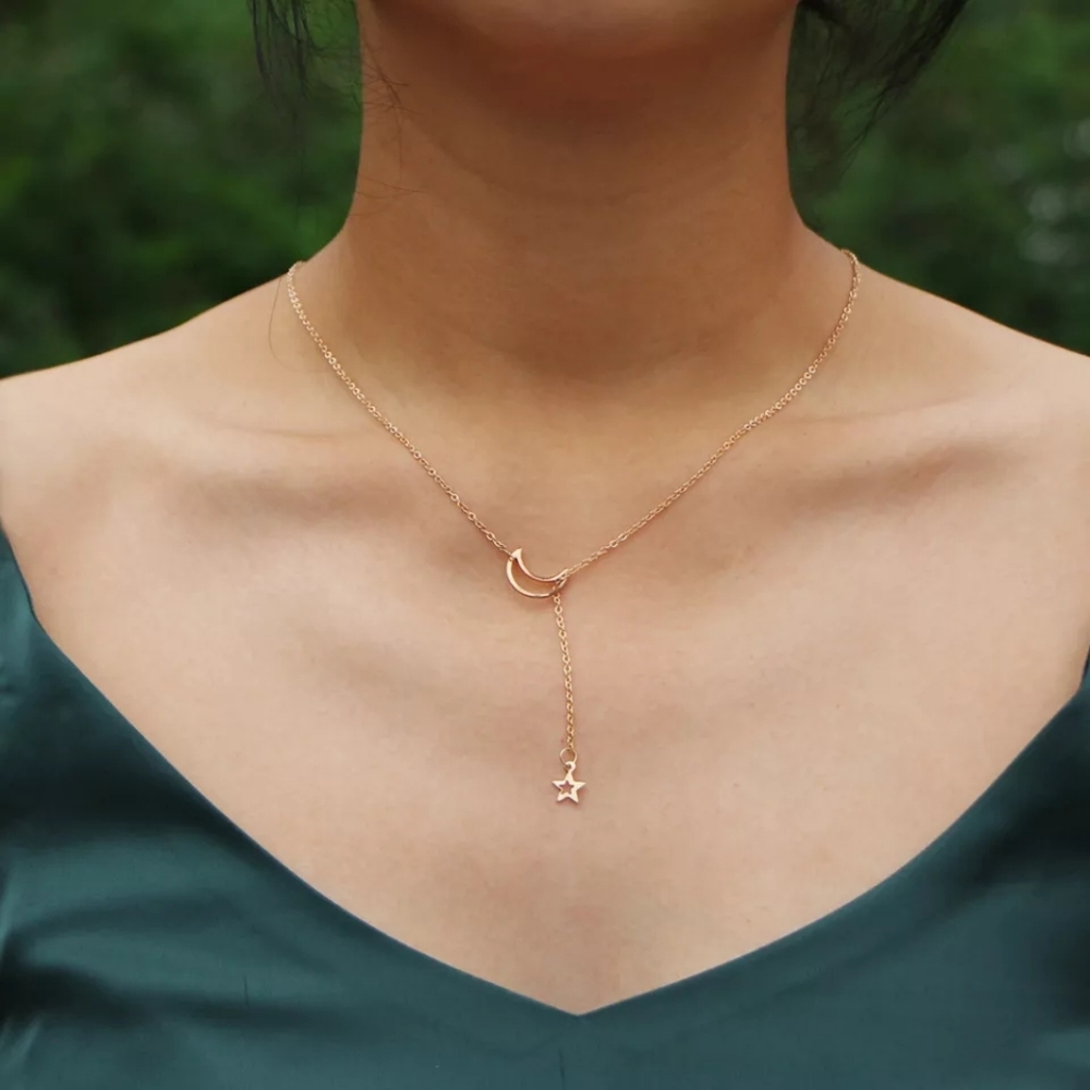 Tiny Crescent Moon and Star Lariat Style Necklace,